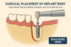 A dentist is carefully performing a surgical placement of an endosteal implant into a patient's jawbone, using surgical instruments. The image should convey precision and expertise in dental implant procedures, with no text on the image.