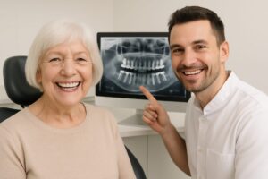 Image of a smiling senior woman, happy with her new full mouth dental implants. The dentist is beside her, also smiling, while pointing to a digital x-ray showing the implants in her mouth. No text on the image.