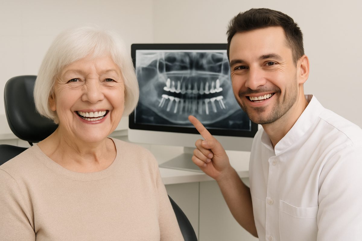 Image of a smiling senior woman, happy with her new full mouth dental implants. The dentist is beside her, also smiling, while pointing to a digital x-ray showing the implants in her mouth. No text on the image.