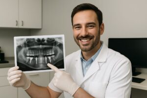 Image of a dentist smiling and pointing to all-on-4 dental implants on a patient's X-ray scan in an office setting. No text on image.