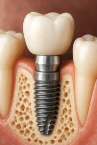 Image of a close up of a dental implant in a human jaw, showing the titanium post integrated with the bone, the abutment, and the crown. No text on image.