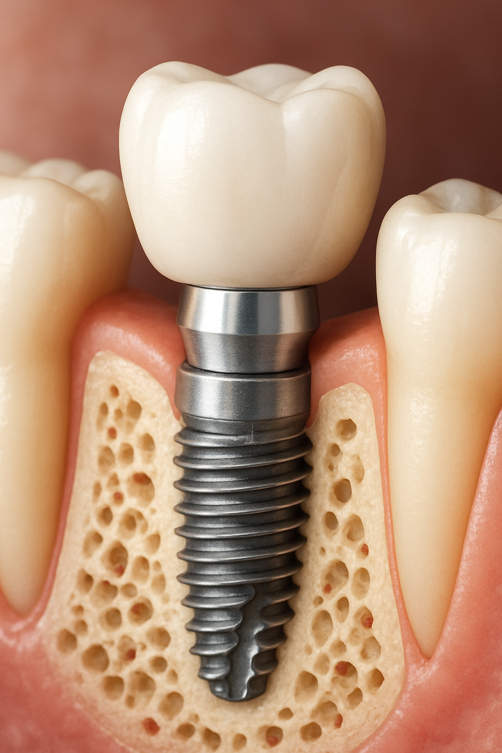 Image of a close up of a dental implant in a human jaw, showing the titanium post integrated with the bone, the abutment, and the crown. No text on image.