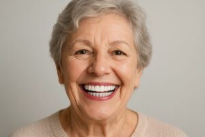 Photo of a smiling elderly woman who has received a full mouth restoration with dental implants. No text on image.