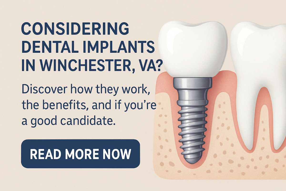 Image of a dentist in Winchester, VA, consulting with a patient about dental implants, showcasing X-rays and models of implant options. No text on image.
