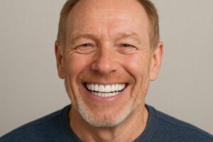 Image of a patient smiling, showing a full set of dental implants. The image demonstrates a natural-looking and confident smile restoration. No text on the image.